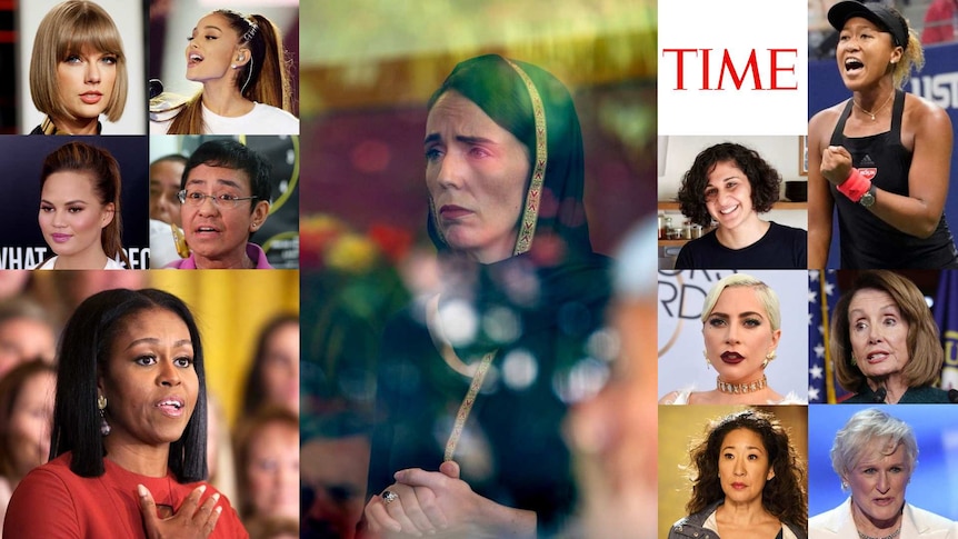 Composite image shows prominent women featured by Time including Jacinda Ardern and Taylor Swift.