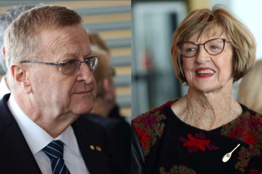 A composite image of Australian Olympic Committee boss John Coates and tennis legend Margaret Court at Betty Cuthbert's funeral.