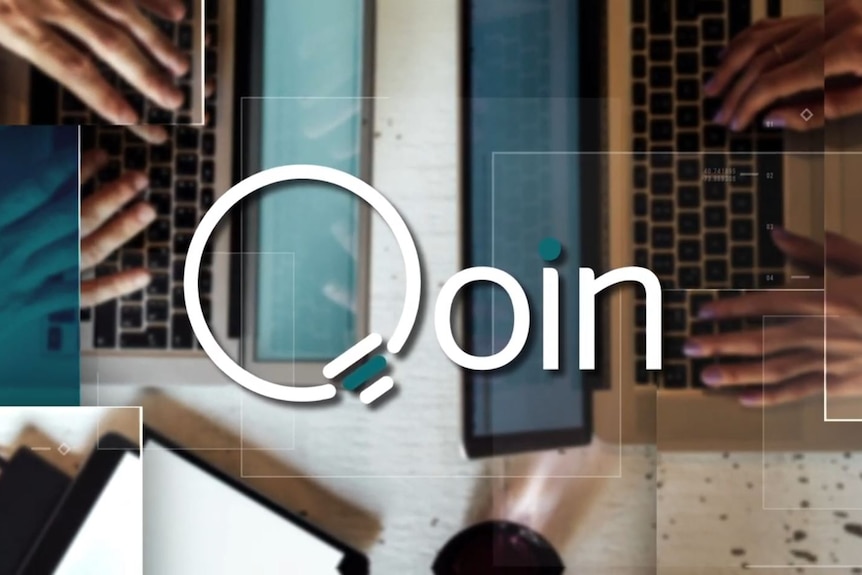 A stylised logo that says "Qoin" superimposed on  backdrop of hands typing on laptops.