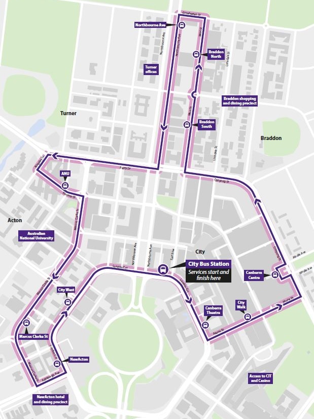 A map of the free bus city loop service