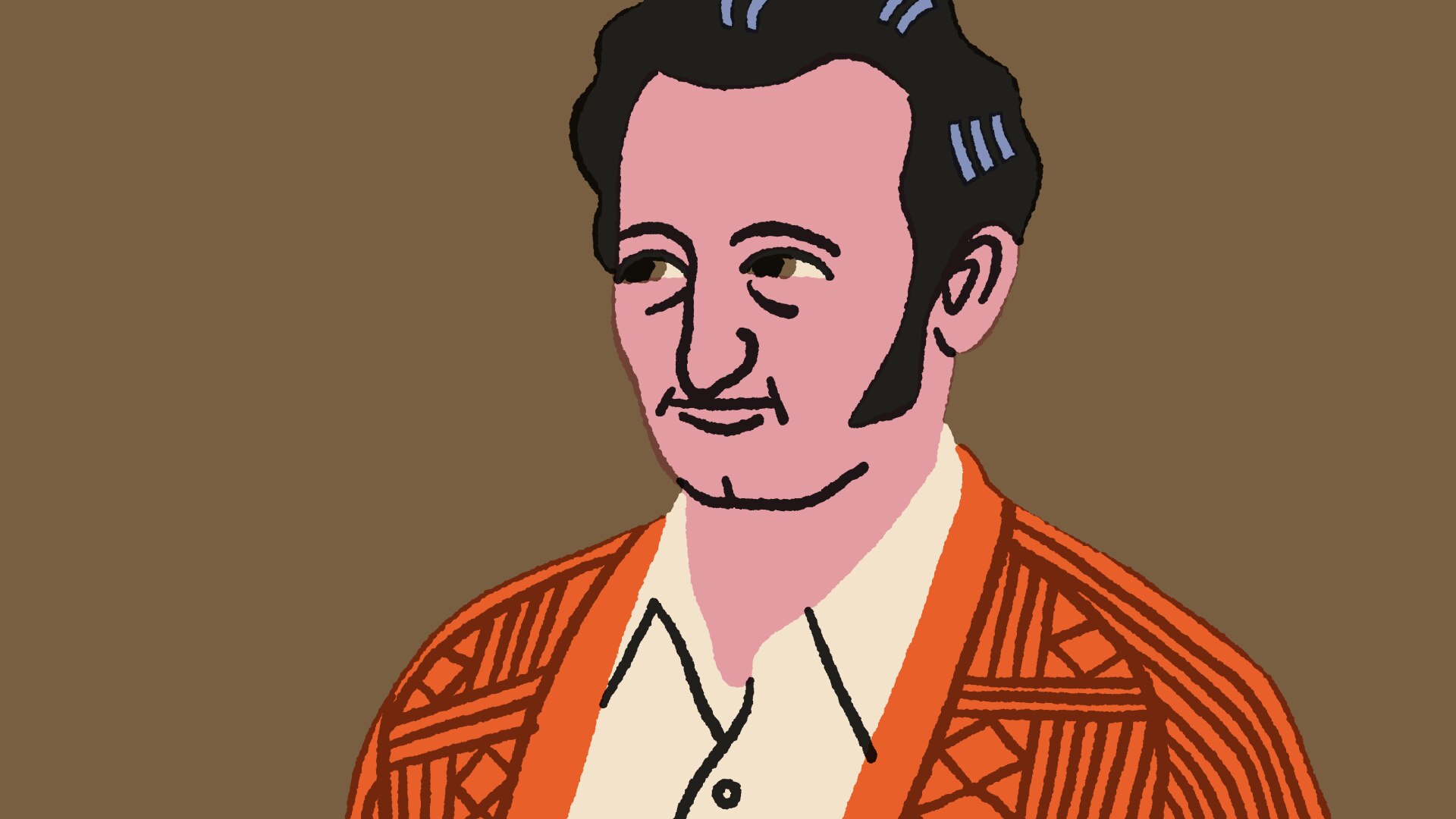 suspicious looking man in orange cardigan