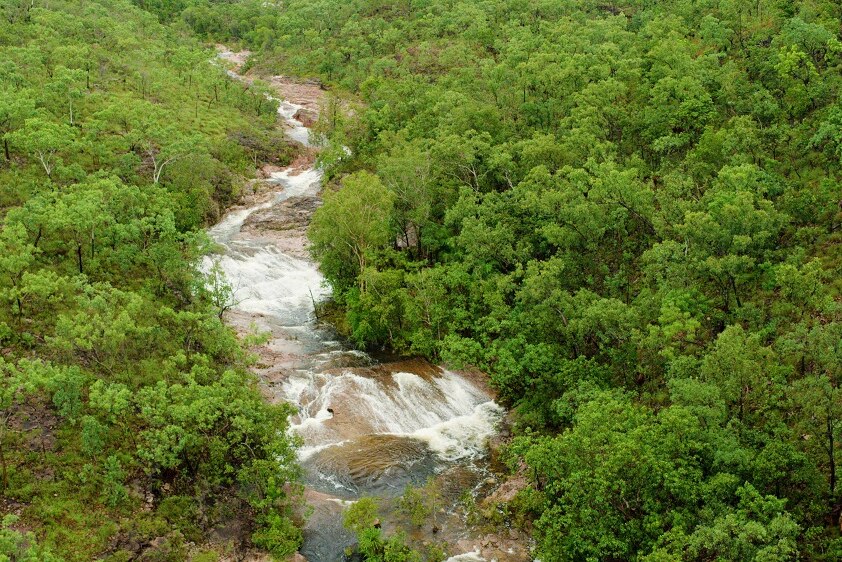 An aerial photograph of a small waterfall and a river surrounded by green trees.