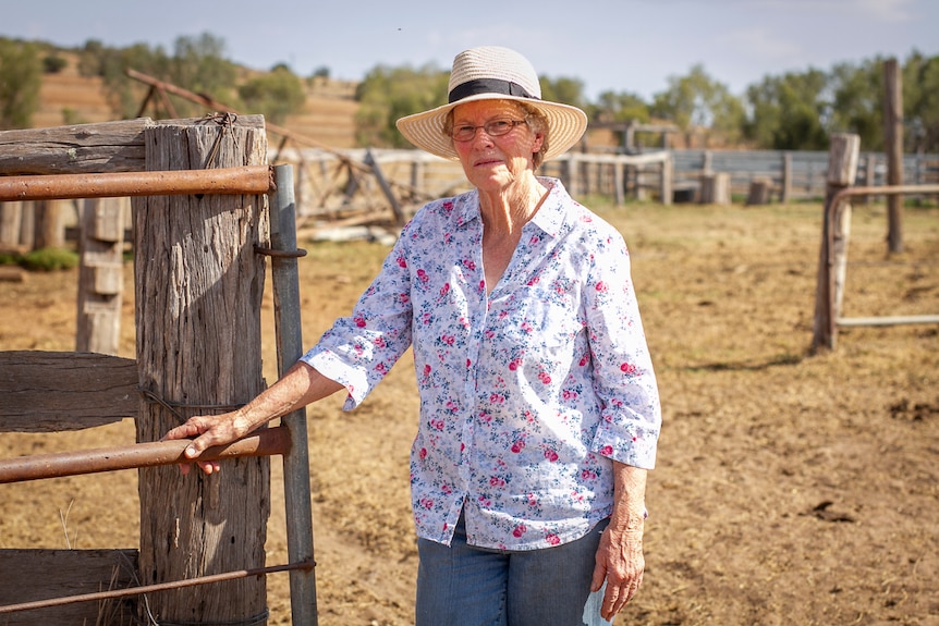 Kulpi farmer Desley Spies stands next to some old cattle yards in September 2019.