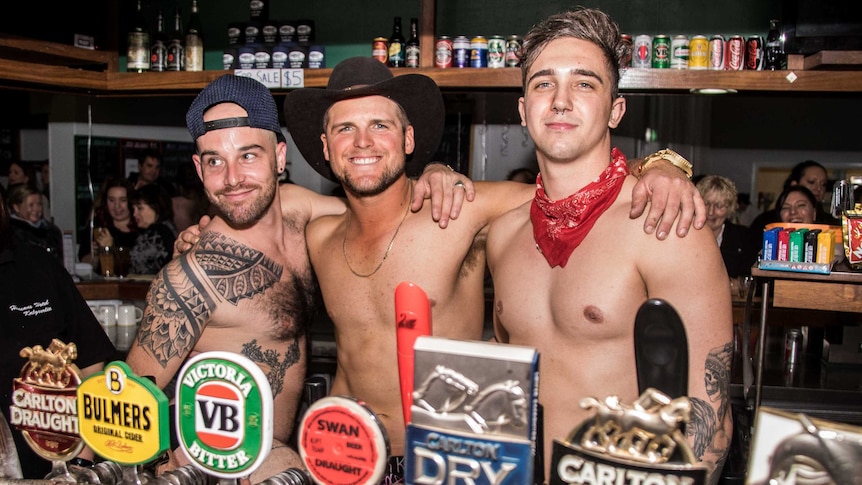 Shirtless male bartenders.