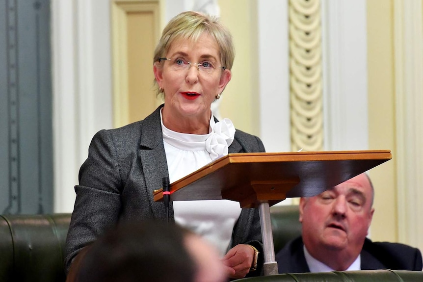 A middle-aged woman with short fair hair stands in parliament, speaking at a lectern.