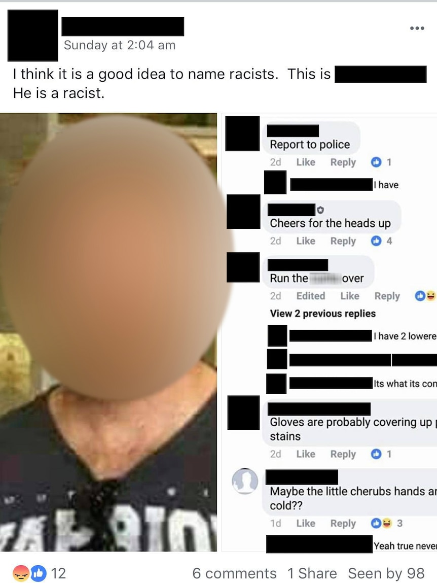 A posts to a Facebook pages claim to expose racists, showing a photograph of a man