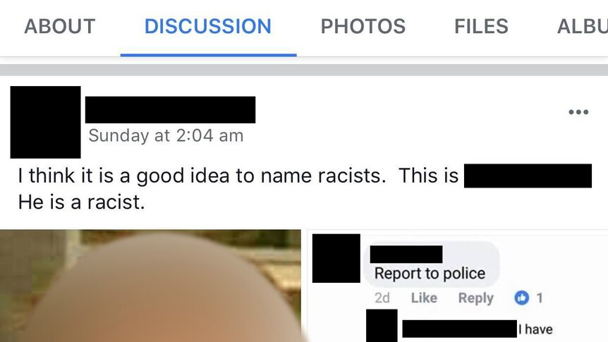 A posts to a Facebook pages claim to expose racists, showing a photograph of a man