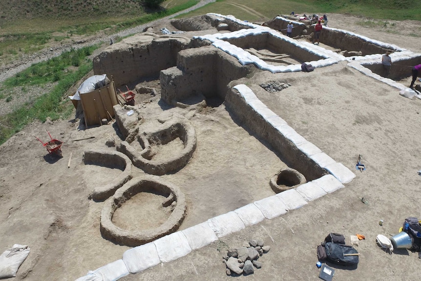 Drone photograph of Neolithic village excavations in Georgia.