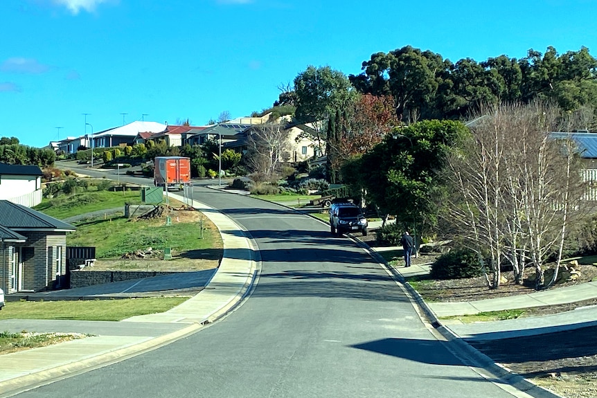 Houses on a suburban street that edges up a small hill