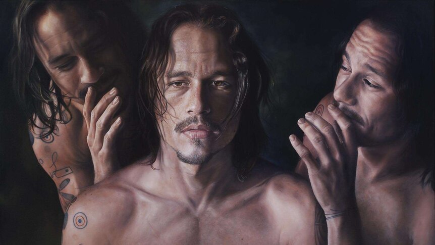 A portrait showing three different faces of actor Heath Ledger