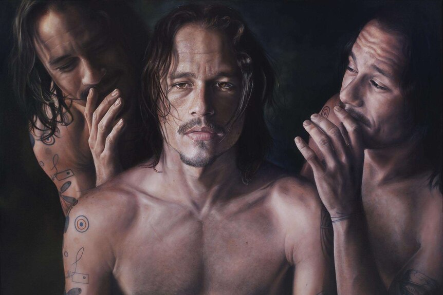 A portrait showing three different faces of actor Heath Ledger