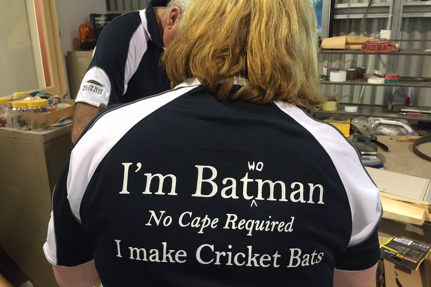 Clare Johnston in an 'I make cricket bats' t-shirt