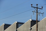 A factory exterior with powerline in front