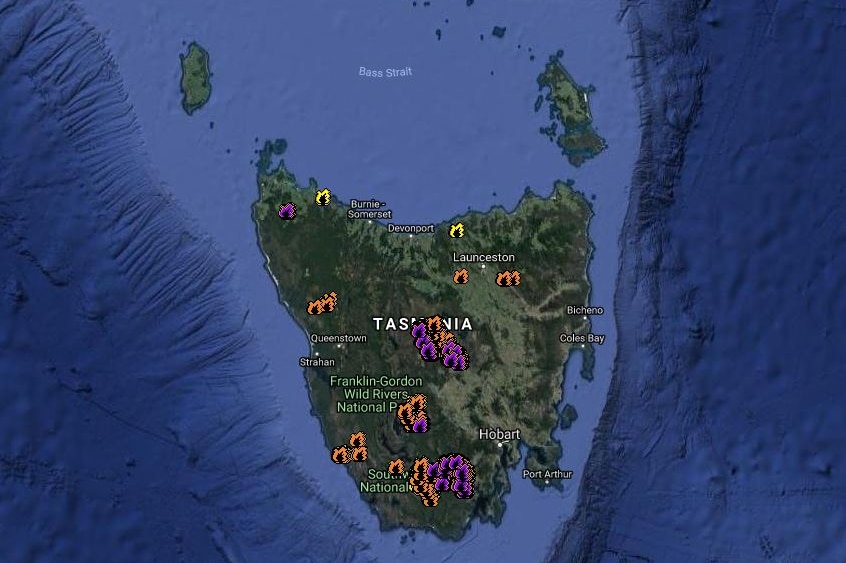 A screenshot of a bushfire map from Geoscience Australia