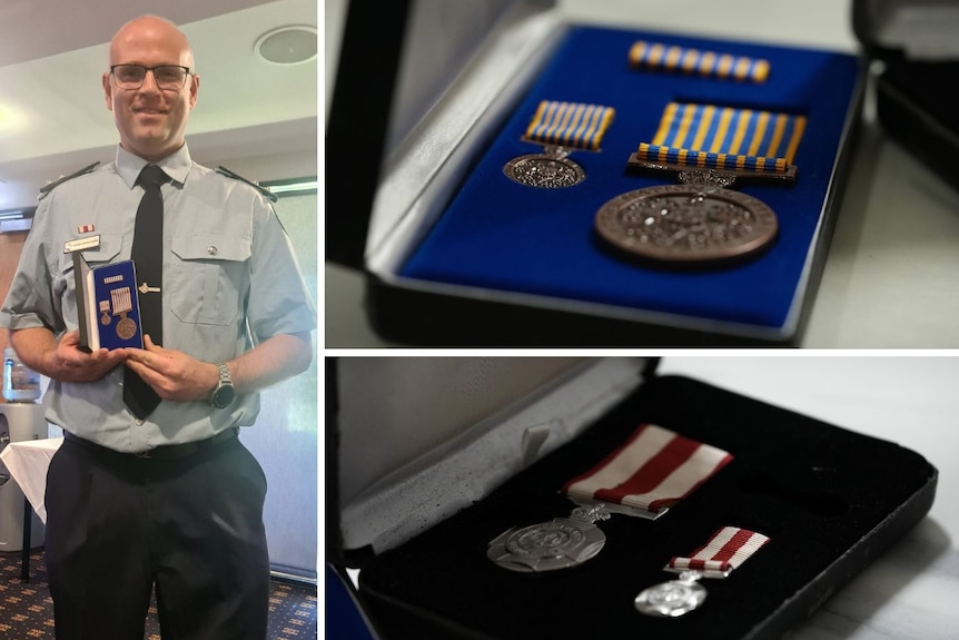 A composite of Peter Vinnicombe holding his national service medal, next to close up shots of the accolades.