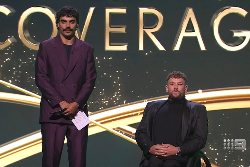 Tony Armstrong and Dylan Alcott on stage at the 2022 Logie Awards