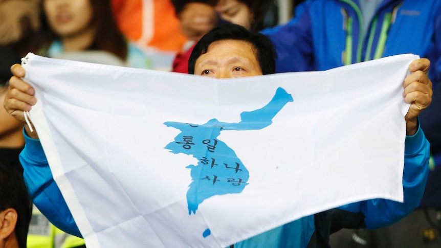 Spectator holds pro-unification flag at Asian Games in Incheon, South Korea