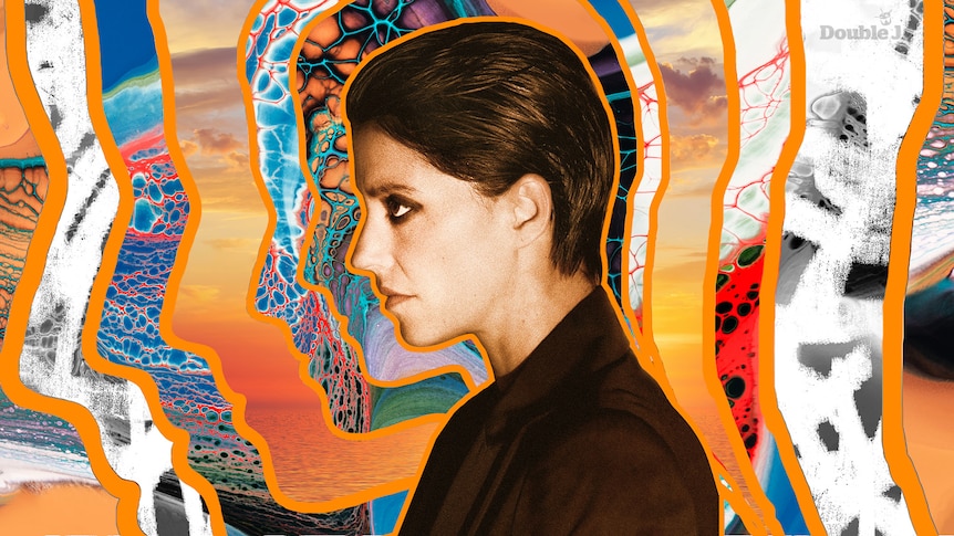 A photo of Sharon wearing a black blazer, side profile. Behind her is a colourful collage.