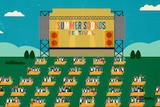 The artwork for Summer Sounds festival depicting people in their party pods