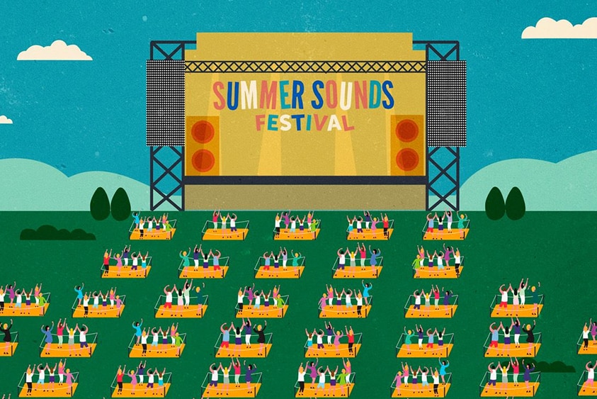 The artwork for Summer Sounds Festival depicting people in their party pods.