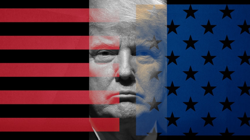 A black and white close up of Donald Trump's face, encroached on both sides by the stars and stripes of the US flag.