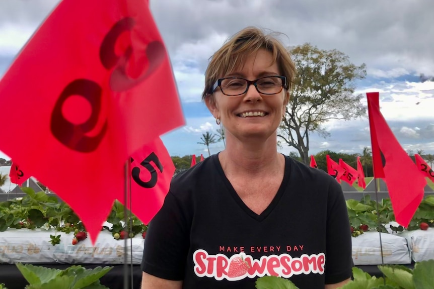 A lady smiles at the camera with numbered flags near her wearing a strawesome t-shirt.