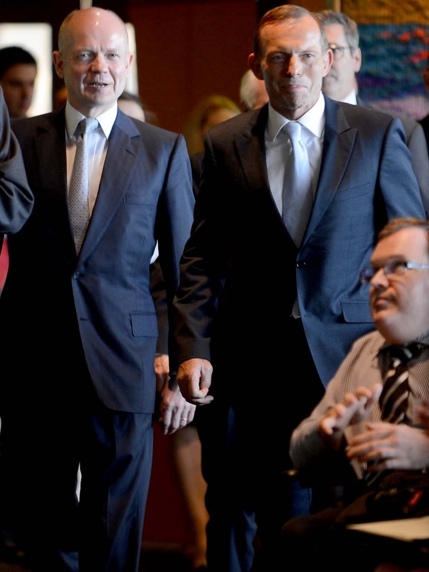 William Hague (left) was introduced by Opposition Leader Tony Abbott before giving his speech in Sydney.