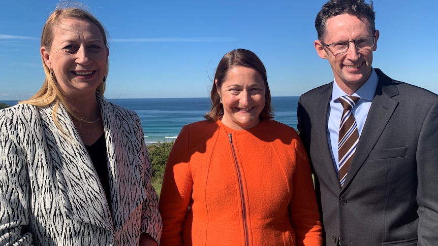 A woman stands with a man and a woman with a view of Wollongong behind.