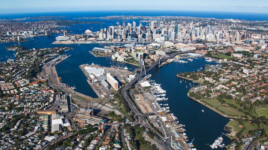 An aerial view of the Bays Precinct area