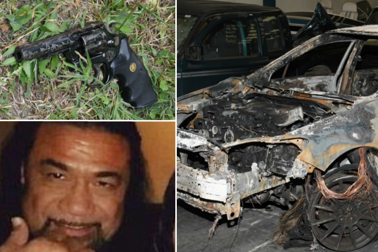 A composite image of a gun (top left), burnt out car (R) and a man looking at the camera.