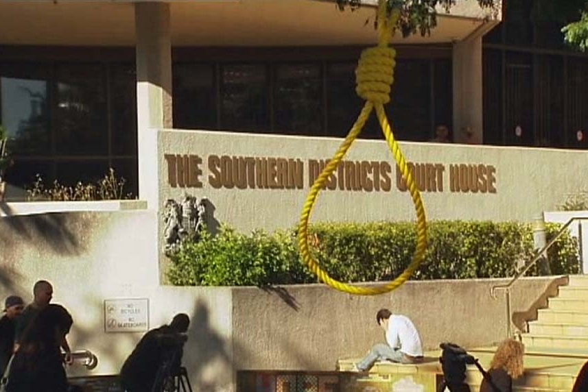 A noose hangs from a tree outside the Beenleigh Magistrates court