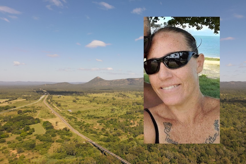 A photo of a smiling woman with sunglasses superimposed over a drone shot of green bushland