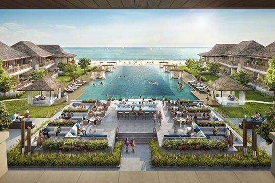 An artist's impression of a resort with luxury accommodation and a pool on an island