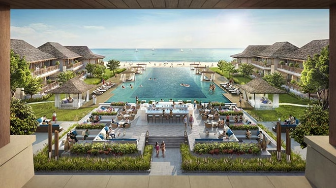 An artist's impression of a resort with luxury accommodation and a pool on an island