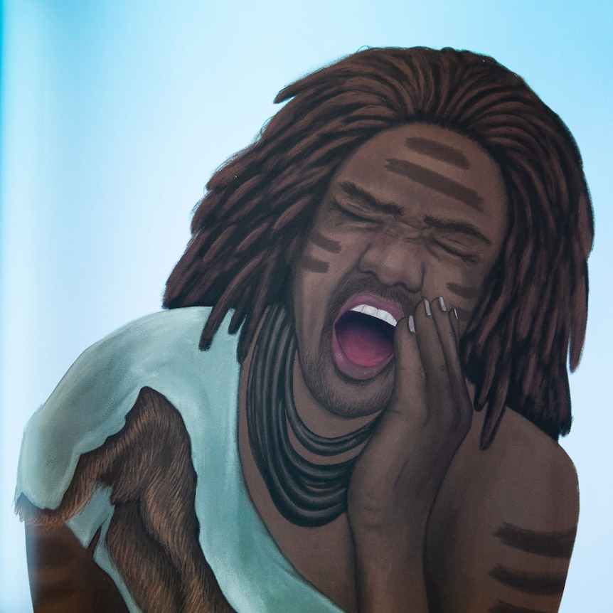 Illustration of young Tasmanian Aboriginal man yelling.