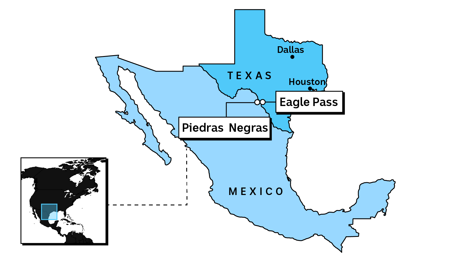 A map shows Eagle Pass in Texas and Piedras Negras on the other side of the border in Mexico.