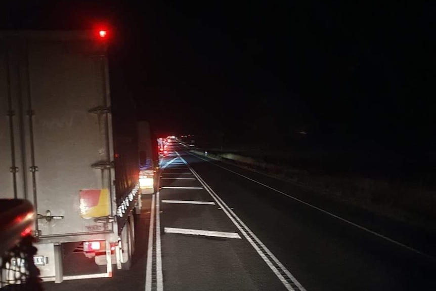 A queue of trucks on the Wimmera Highway.