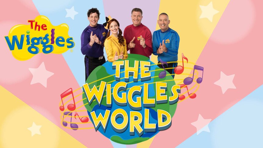 Wiggles members doing their signature hand gesture against a colourful sunburst background
