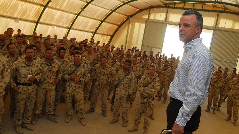 Overseas trip: Brendan Nelson addresses troops (File photo)
