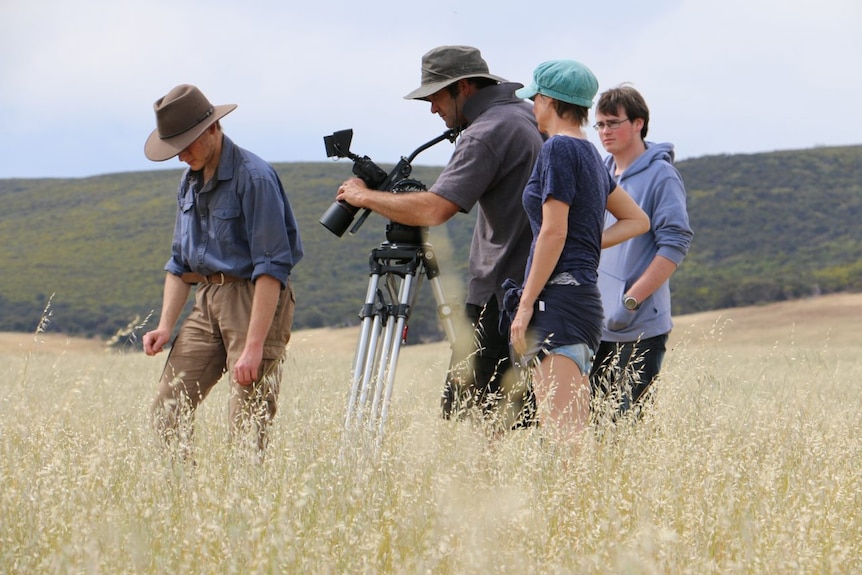 A group of people stand in a field of knee high wheat, gathered around a camera.