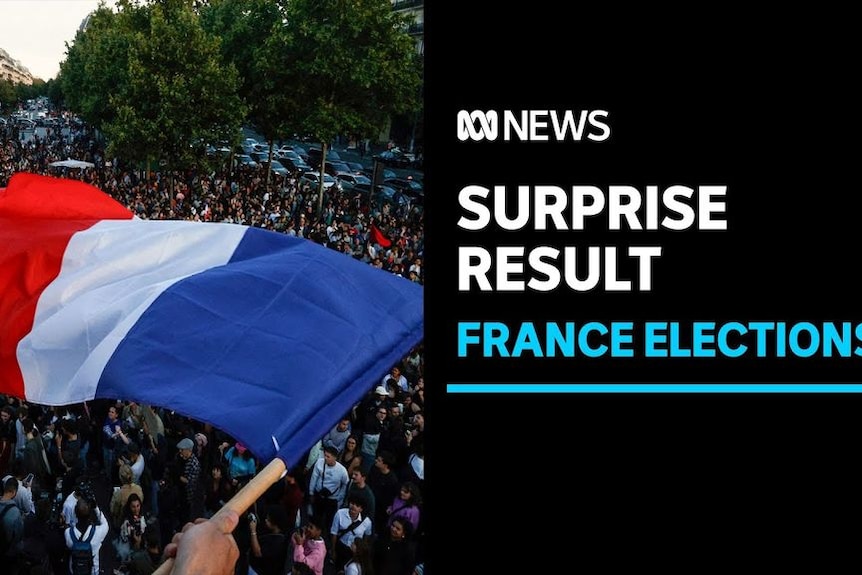 Surprise Result, France Elections: A French flag is waved in the foreground while looking down at a crowd of people in a square.