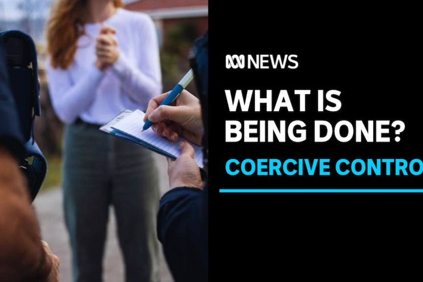 What is Being Done? Coercive Control: Close up of a police officer's hand writing in a notebook with a woman clasping her hands.