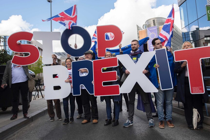 Protesters in Brussels holding a "stop brexit" sign