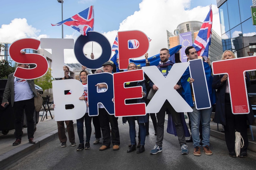 Protesters in Brussels holding a "stop brexit" sign
