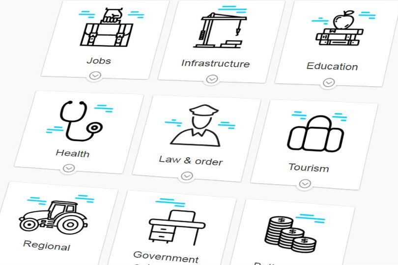 Interactive cards display the key areas of the budget, from 'jobs' to 'tourism' and other fields.