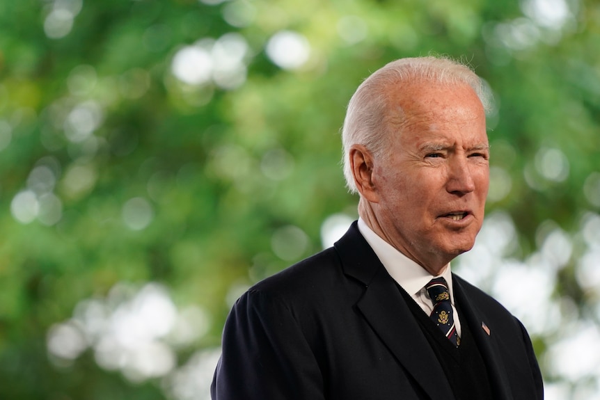 US president Joe Biden stands before a green blurred background 