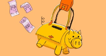 An illustration shows a hand holding a handbag that looks like a piggy bank.