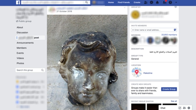 A Facebook page showing a burned statue head for sale