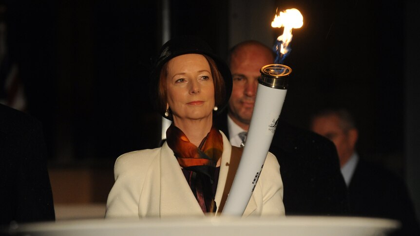Prime Minister Julia Gillard prepares to light the beacon to mark the diamond jubilee of Queen Elizabeth