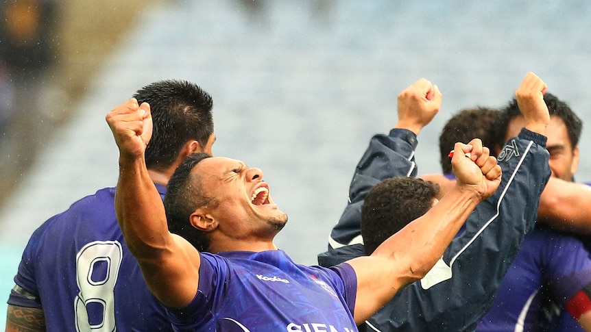 Filer of Samoa centre Eliota Sapolu Fuimaono screaming with joy after beating Australia